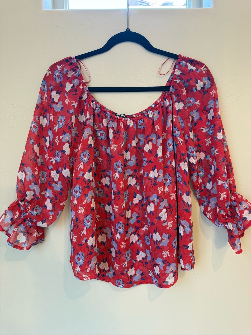 Express Red Floral Off-Shoulder Peasant Blouse